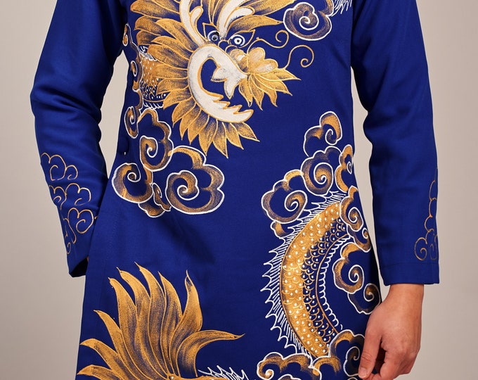 Vietnamese Modernized Men Ao Dai, Hand Painted Dragon, Custom Size and Pre-made Sizes | Áo Dài Cách Tân Nam