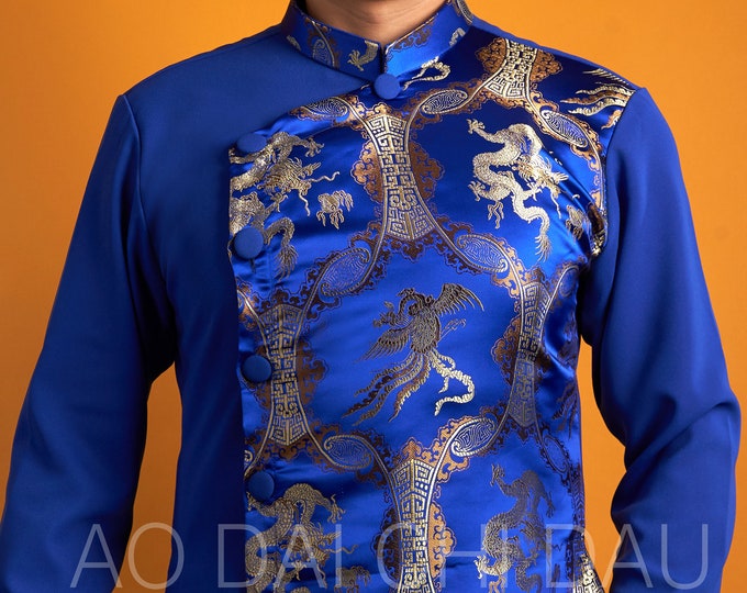 Vietnamese Modernized Men Ao Dai, with Headpiece, in Blue and Gold, Custom Size and Pre-made Sizes | Áo Dài Cách Tân Nam