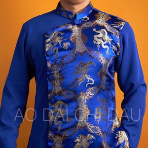 Vietnamese Modernized Men Ao Dai, with Headpiece, in Blue and Gold, Custom Size and Pre-made Sizes Áo Dài Cách Tân Nam image 1