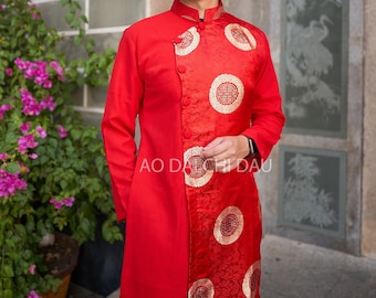 Vietnamese Modernized Men Ao Dai, in Red and Gold, Pre-made Sizes | Áo Dài Cách Tân Nam