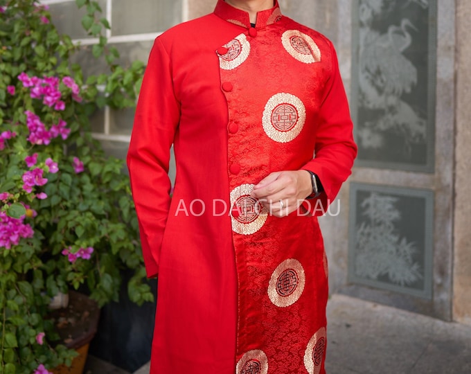 Vietnamese Modernized Men Ao Dai, in Red and Gold, Pre-made Sizes | Áo Dài Cách Tân Nam