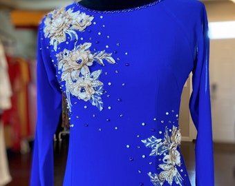 Vietnamese Ao Dai Dress, Double Layers Chiffon with Hand-beading Details in Blue, Custom Size and Colors | Áo Dài Trung Niên, May Theo Số Đo