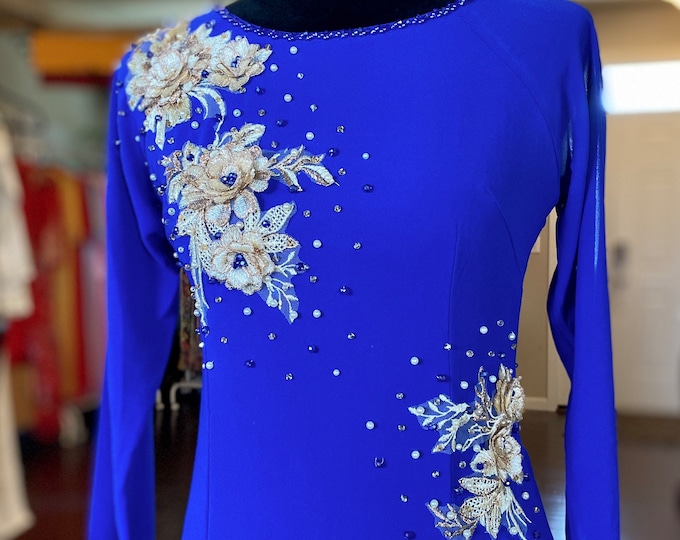 Vietnamese Ao Dai Dress, Double Layers Chiffon with Hand-beading Details in Blue, Custom Size and Colors | Áo Dài Trung Niên, May Theo Số Đo