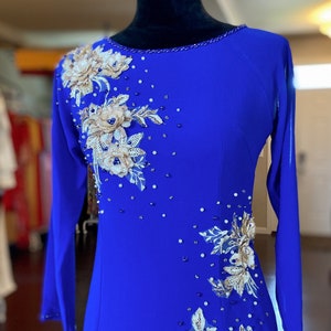 Vietnamese Ao Dai Dress, Double Layers Chiffon with Hand-beading Details in Blue, Custom Size and Colors | Áo Dài Trung Niên, May Theo Số Đo