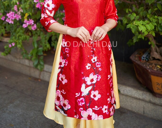 Pre-made Vietnamese Modernized Ao Dai in Red and Floral Details, with Assorted Choice of Skirt Colors - Áo Dài Cách Tân Tết