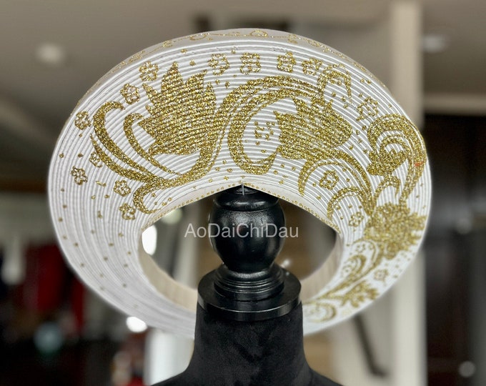 Headpiece for Vietnamese Ao Dai in White, Floral Gold Glitter Details, Custom Size and Pre-made - Khăn Đống Áo Dài