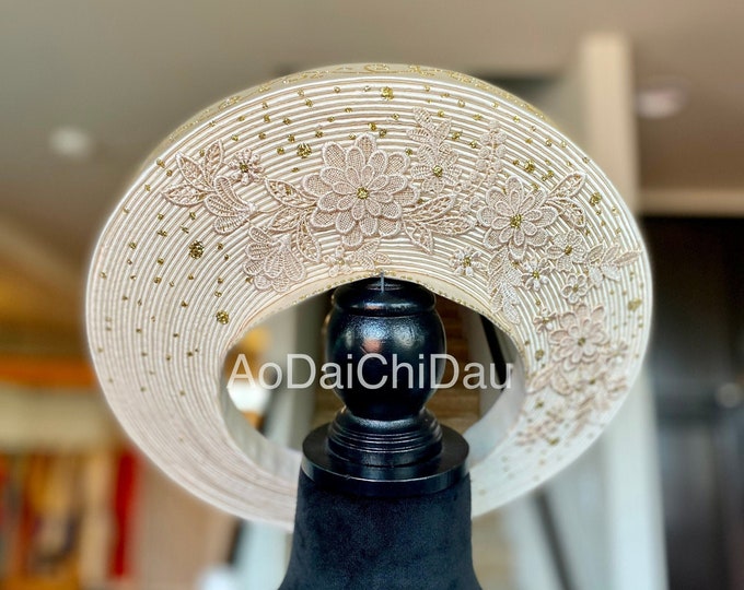 Headpiece for Vietnamese Ao Dai in Nude/Light Gold, Floral Lace Details with Beading, Custom Size and Pre-made - Khăn Đống Áo Dài