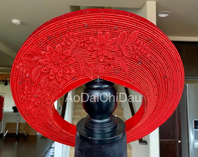 Headpiece for Vietnamese Ao Dai in Red, Floral Lace Details with Beading, Custom Size and Pre-made - Khăn Đống Áo Dài