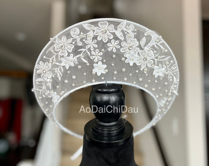 Made-to-order Modernized Headband for Vietnamese Ao Dai, in White, Headpiece, Adjustable - Mấn Khăn Đống Áo Dài Cưới