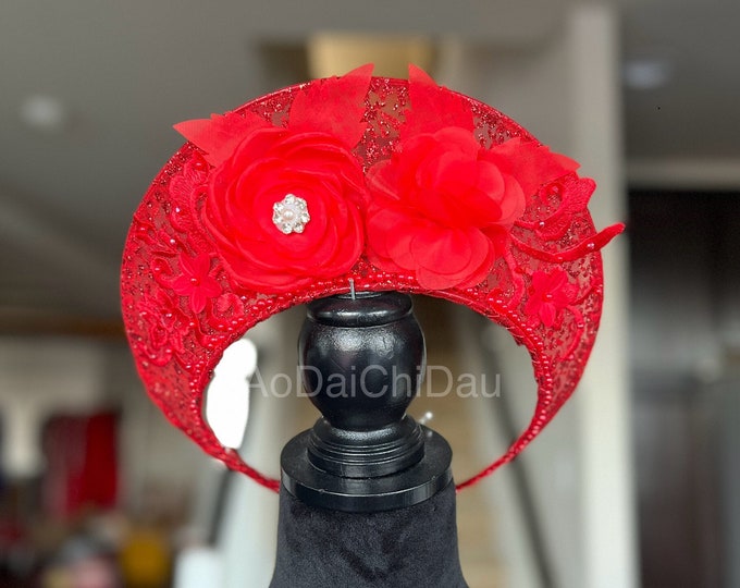 Modernized Headband for Vietnamese Ao Dai in Red, Lace Details with Beadings, Adjustable - Mấn Khăn Đống Áo Dài Cưới