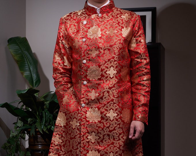 Vietnamese Modernized Men Ao Dai, with Headpiece, in Red and Gold, Custom Size | Áo Dài Cách Tân Nam