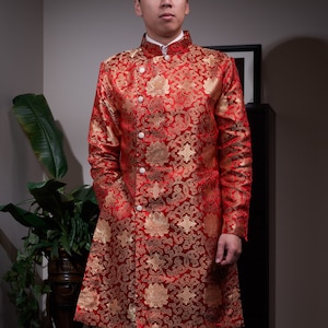 Vietnamese Modernized Men Ao Dai, with Headpiece, in Red and Gold, Custom Size | Áo Dài Cách Tân Nam