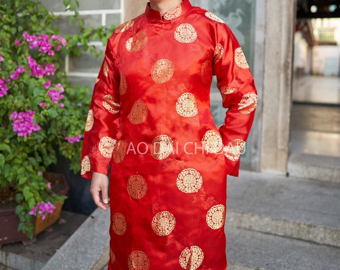 Vietnamese Traditional Men Ao Dai, in Red and Gold, Pre-made Sizes | Áo Dài Cách Tân Nam