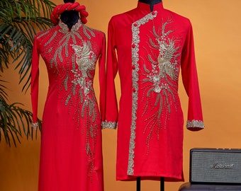 Traditional Wedding Couple Ao Dai Long Dress, in Red and Gold, with Hand-beading Details, Premade and Custom Size | Áo Dài Cưới Cặp Đôi