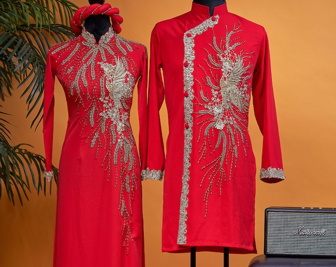 Traditional Wedding Couple Ao Dai Long Dress, in Red and Gold, with Hand-beading Details, Premade and Custom Size | Áo Dài Cưới Cặp Đôi