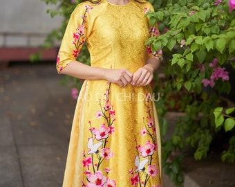 Pre-made Vietnamese Modernized Ao Dai in Yellow and Floral Details, with Assorted Choice of Skirt Colors - Áo Dài Cách Tân Tết