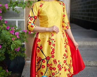 Pre-made Vietnamese Modernized Ao Dai in Yellow and Floral Details, with Assorted Choice of Skirt Colors - Áo Dài Cách Tân Tết