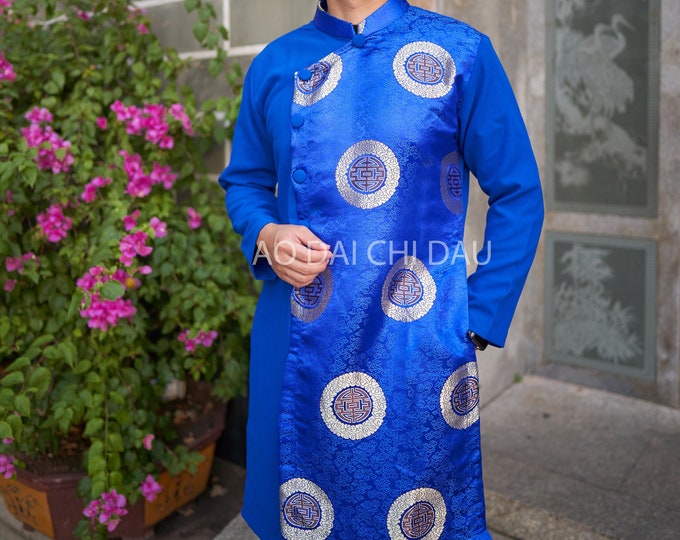 Vietnamese Modernized Men Ao Dai With Headpiece, in Blue and Gold, Pre-made Sizes | Áo Dài Cách Tân Nam