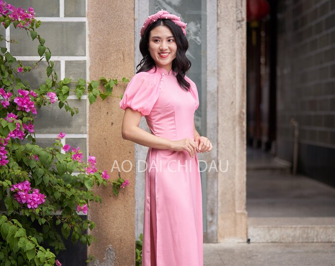 Vietnamese Ao Dai Long Dress in Pink Color, with Twisted Headpiece and Pants, Pre-made Sizes | Áo Dài Tết Theo Size Kèm Mấn