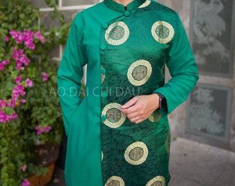 Vietnamese Modernized Men Ao Dai, in Green and Gold, Pre-made Sizes | Áo Dài Cách Tân Nam