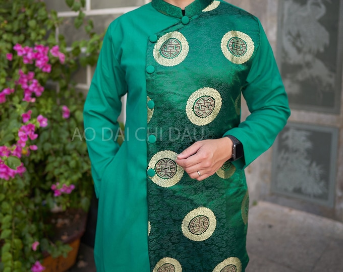 Vietnamese Modernized Men Ao Dai, in Green and Gold, Pre-made Sizes | Áo Dài Cách Tân Nam