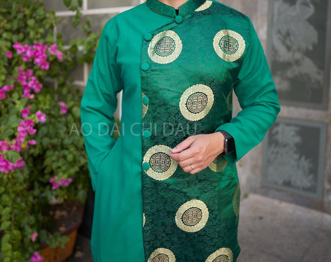 Vietnamese Modernized Men Ao Dai, in Green and Gold, Pre-made Sizes | Áo Dài Cách Tân Nam