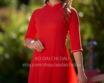 Vietnamese Bridesmaid Ao Dai Long Dress, with Pants, Chiffon Fabric, Custom Size and Colors | Áo Dài Dâu Phụ, Đặt May Theo Số Đo