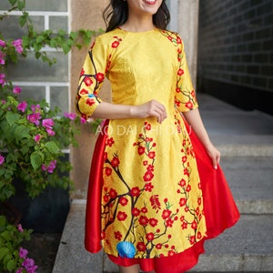 Pre-made Vietnamese Modernized Ao Dai in Yellow and Floral Details, with Assorted Choice of Skirt Colors - Áo Dài Cách Tân Tết