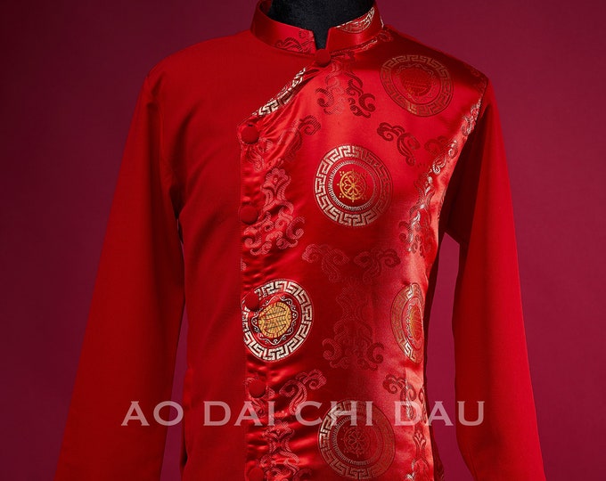 Vietnamese Modernized Men Ao Dai, in Red and Gold, Pre-made Sizes | Áo Dài Cách Tân Nam