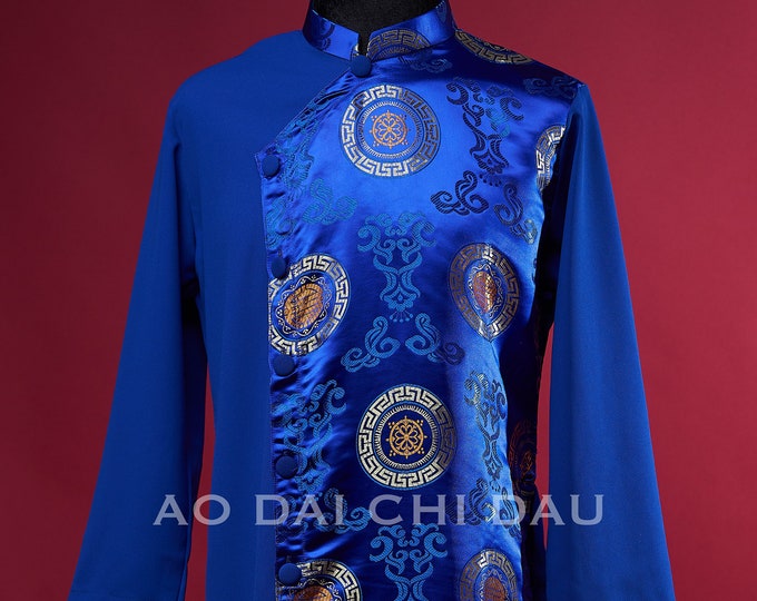 Vietnamese Modernized Men Ao Dai With Headpiece, in Blue, Pre-made Sizes | Áo Dài Cách Tân Nam