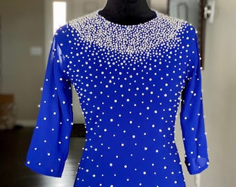 Vietnamese Ao Dai Dress, Double Layers Chiffon with Hand-beading Details in Blue, Custom Size and Colors | Áo Dài Trung Niên, May Theo Số Đo
