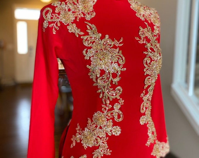 Vietnamese Wedding Ao Dai Long Dress with Train, Red/Gold, Hand-beading Details, Custom Size, Multiple Headpiece Choices | Áo Dài Cưới