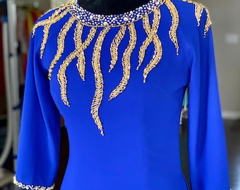 Vietnamese Ao Dai Dress, Double Layers Chiffon with Hand-beading Details in Blue, Custom Size and Colors | Áo Dài Trung Niên, May Theo Số Đo