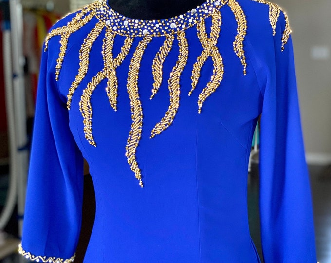 Vietnamese Ao Dai Dress, Double Layers Chiffon with Hand-beading Details in Blue, Custom Size and Colors | Áo Dài Trung Niên, May Theo Số Đo