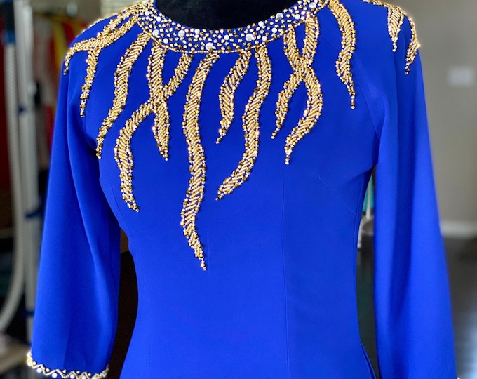 Vietnamese Ao Dai Dress, Double Layers Chiffon with Hand-beading Details in Blue, Custom Size and Colors | Áo Dài Trung Niên, May Theo Số Đo