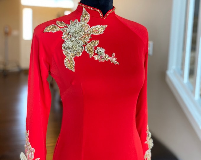 Vietnamese Wedding Ao Dai Long Dress, Red/Gold, Hand-beading Details, Custom Size, Multiple Headpiece Choices | Áo Dài Cưới, May Theo Số Đo