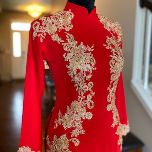 Vietnamese Wedding Ao Dai Long Dress with Train, Red/Gold, Hand-beading Details, Custom Size, Multiple Headpiece Choices | Áo Dài Cưới