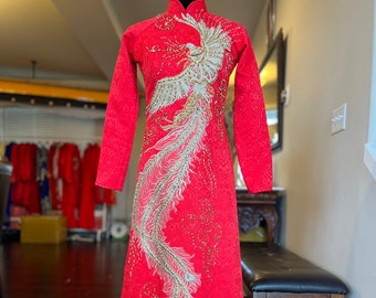 Vietnamese Wedding Ao Dai Long Dress, Red and Gold Dragon, Hand-beading Details, Custom Size, Multiple Headpiece Choices | Áo Dài Cưới Số Đo