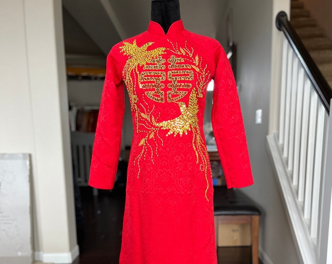 Vietnamese Wedding Ao Dai Long Dress, Red and Gold, Hand-beading Details, Custom Size, Multiple Headpiece Choices | Áo Dài Cưới Số Đo