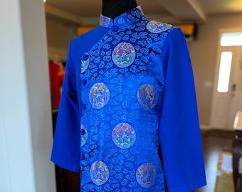 Vietnamese Modernized Men Ao Dai With Headpiece, in Blue, Pre-made Sizes | Áo Dài Cách Tân Nam