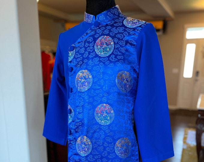 Vietnamese Modernized Men Ao Dai With Headpiece, in Blue, Pre-made Sizes | Áo Dài Cách Tân Nam