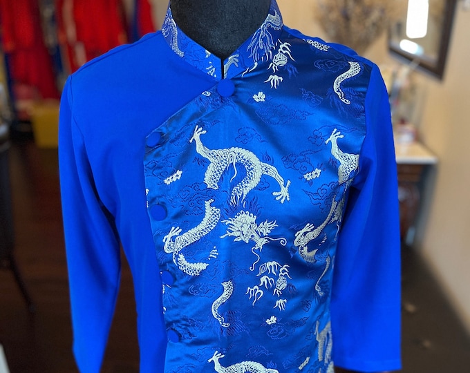 Vietnamese Modernized Men Ao Dai With Headpiece, in Blue and Gold, Pre-made Sizes | Áo Dài Cách Tân Nam