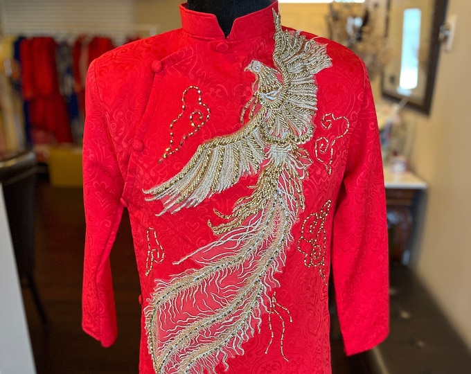 Vietnamese Modernized Men Ao Dai, with Headpiece, in Red with Gold Dragon, Custom Size and Pre-made Sizes | Áo Dài Cách Tân Nam