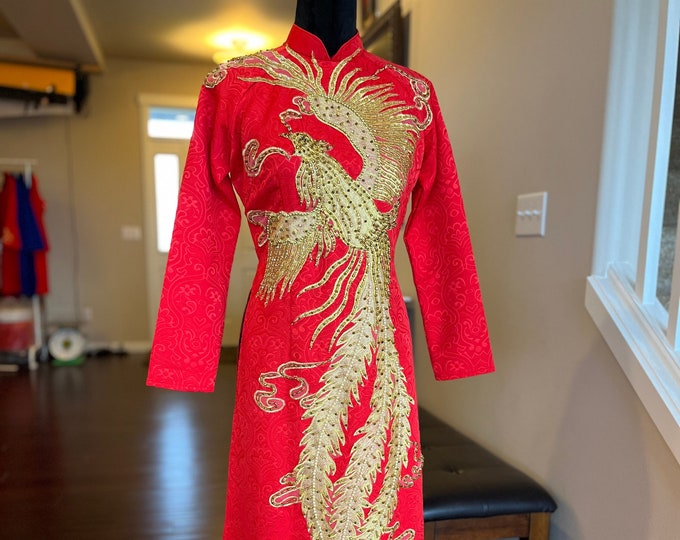 Vietnamese Wedding Ao Dai Long Dress, Red and Gold Dragon, Hand-beading Details, Custom Size, Multiple Headpiece Choices | Áo Dài Cưới Số Đo