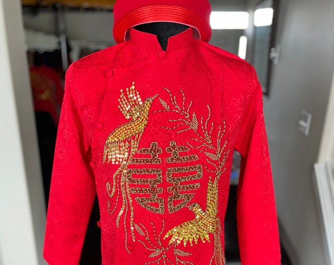 Vietnamese Modernized Men Ao Dai, with Headpiece, in Red with Gold Dragon, Custom Size and Pre-made Sizes | Áo Dài Cách Tân Nam