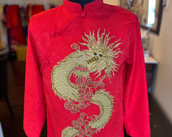 Vietnamese Modernized Men Ao Dai, with Headpiece, in Red with Gold Dragon, Custom Size and Pre-made Sizes | Áo Dài Cách Tân Nam