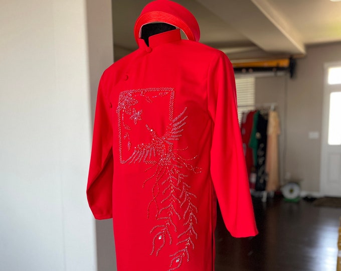 Vietnamese Modernized Men Ao Dai, with Headpiece, in Red, Custom Size and Pre-made Sizes | Áo Dài Cách Tân Nam