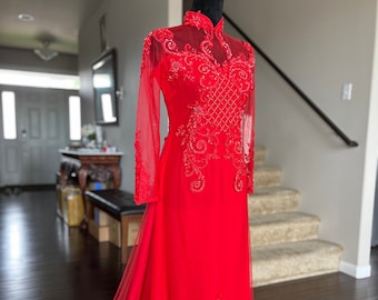 Vietnamese Wedding Ao Dai Long Dress, Red, Hand-beading Details, Custom Size, Multiple Headpiece Choices | Áo Dài Cưới, May Theo Số Đo