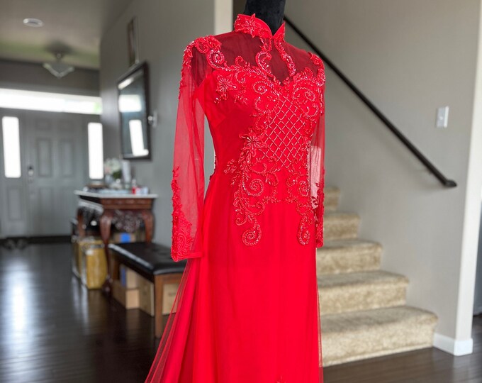 Vietnamese Wedding Ao Dai Long Dress, Red, Hand-beading Details, Custom Size, Multiple Headpiece Choices | Áo Dài Cưới, May Theo Số Đo