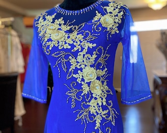 Vietnamese Ao Dai Long Dress, Three Layers with Hand-beading Details in Blue, Custom Size and Color | Áo Dài Mẹ, Trung Niên, May Theo Số Đo